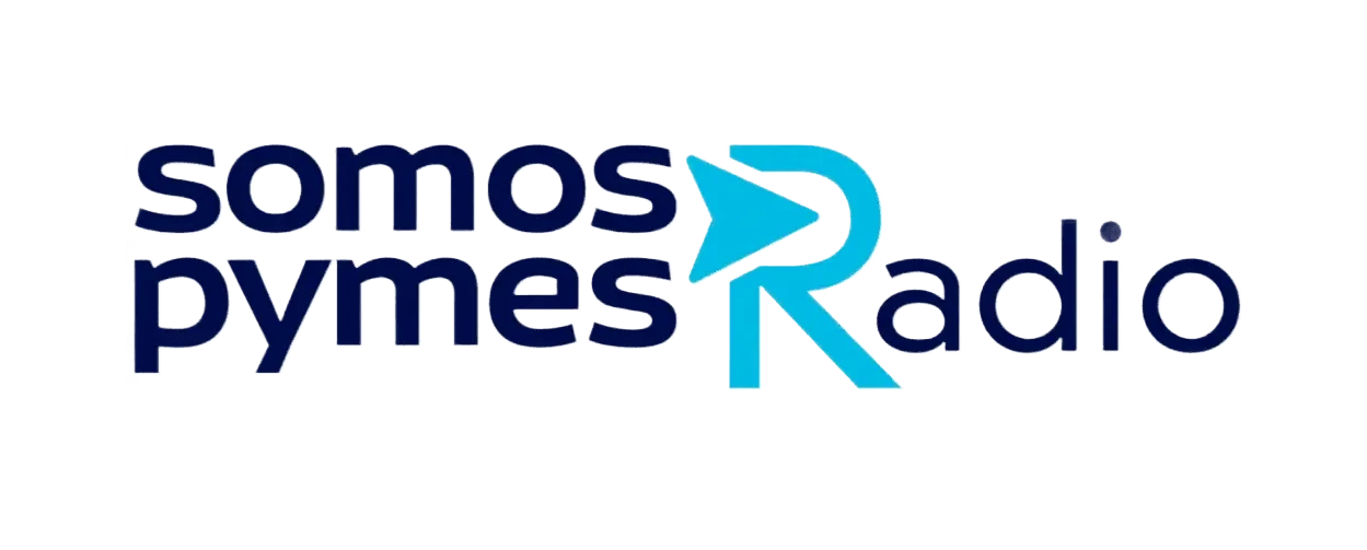 Logo of "Somos Pymes Radio" with bold, navy blue text and a distinctive light blue play button icon, set against a transparent background.